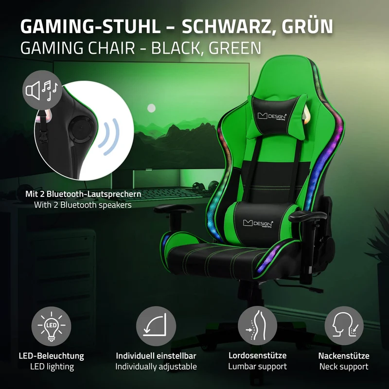 Gamingstuhl mit RGB Beleuchtung & Bluetoothboxen Schwarz/Grün aus Kunstleder ML-Design