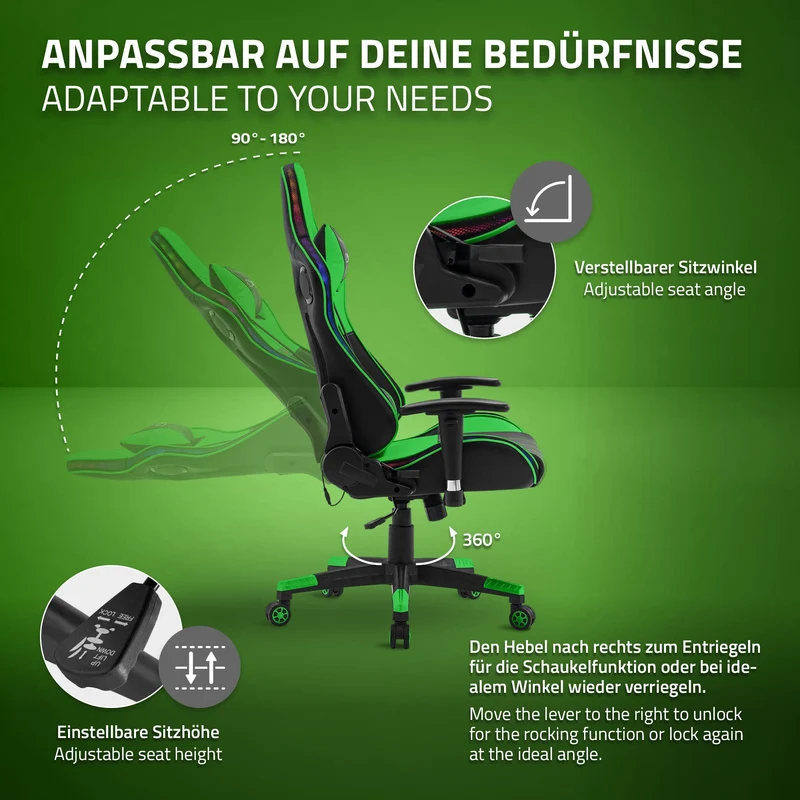 Gamingstuhl mit RGB Beleuchtung & Bluetoothboxen Schwarz/Grün aus Kunstleder ML-Design