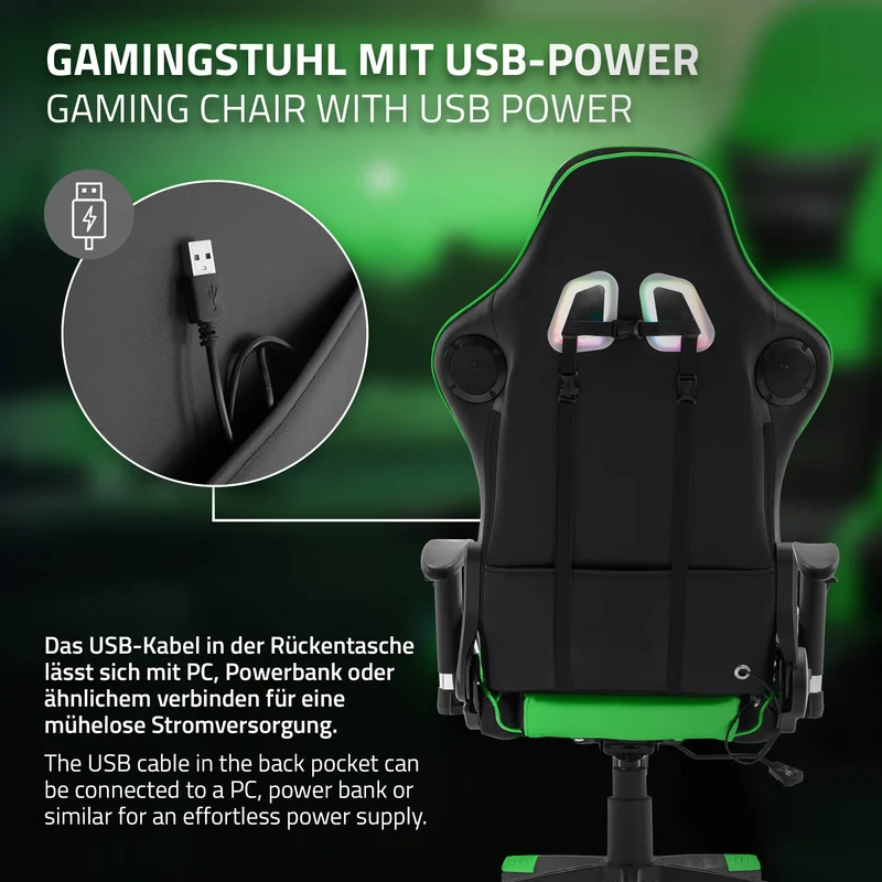 Gamingstuhl mit RGB Beleuchtung & Bluetoothboxen Schwarz/Grün aus Kunstleder ML-Design