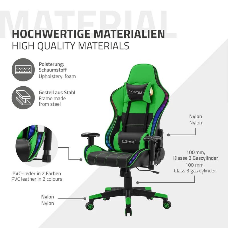 Gamingstuhl mit RGB Beleuchtung & Bluetoothboxen Schwarz/Grün aus Kunstleder ML-Design