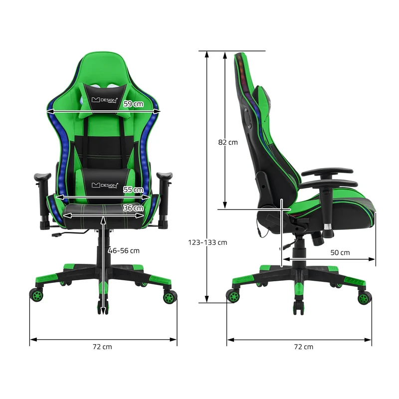 Gamingstuhl mit RGB Beleuchtung & Bluetoothboxen Schwarz/Grün aus Kunstleder ML-Design