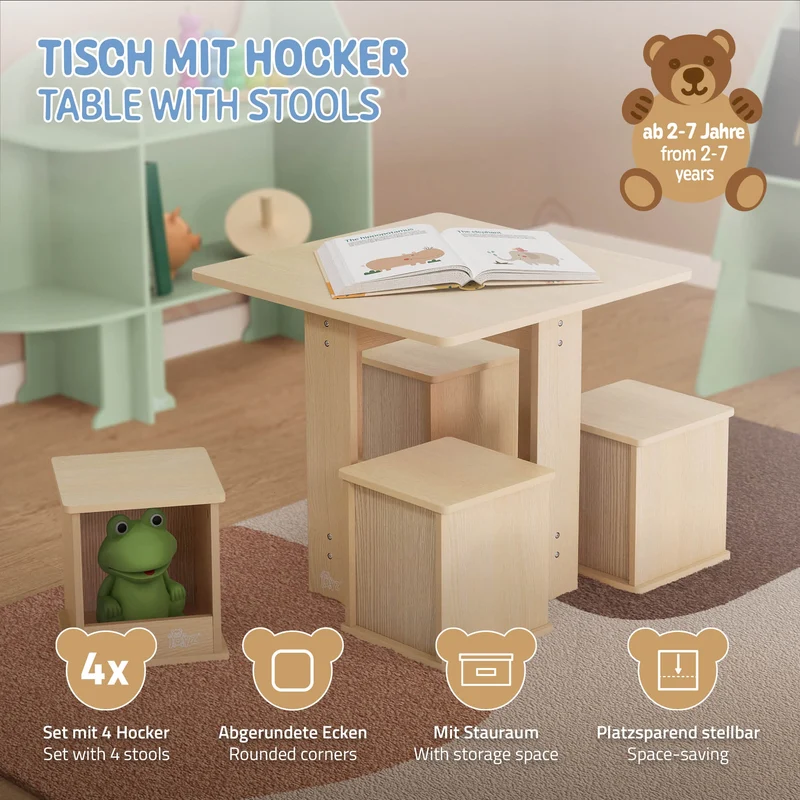 Kindersitzgruppe 5-teilig mit Tisch und 4 Stühlen aus Holz Joyz