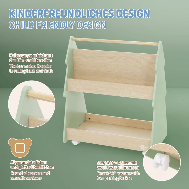 Kinder Bücherregal Tanne-Design Grün/Natur mit Ablagen und Rollen Joyz