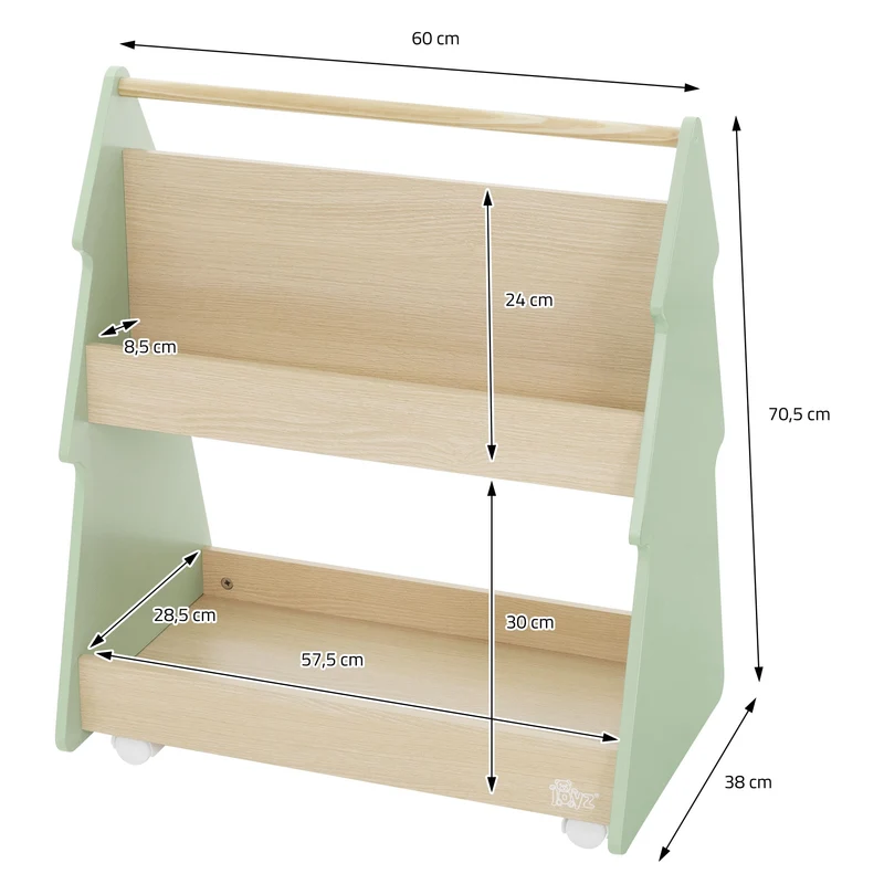 Kinder Bücherregal Tanne-Design Grün/Natur mit Ablagen und Rollen Joyz