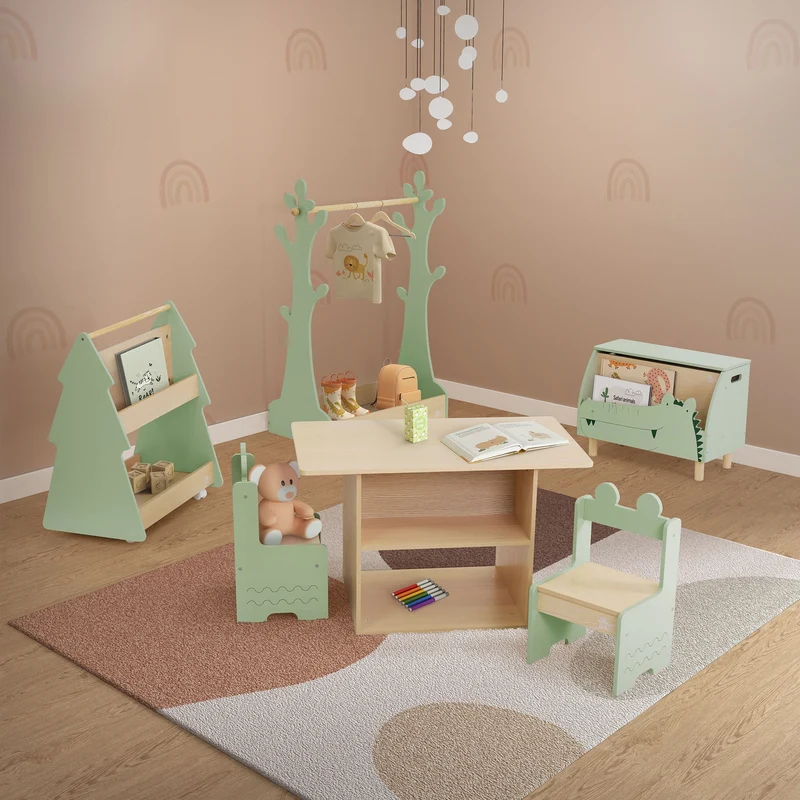 Kinder Bücherregal Tanne-Design Grün/Natur mit Ablagen und Rollen Joyz