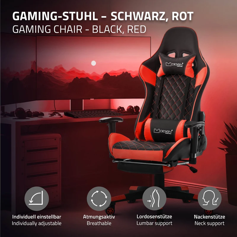Gamingstuhl mit ausziehbarer Fußstütze 2D Armlehne Schwarz/Rot aus Kunstleder ML-Design