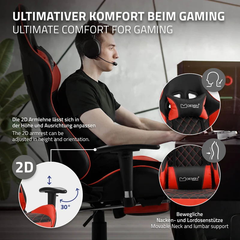 Gamingstuhl mit ausziehbarer Fußstütze 2D Armlehne Schwarz/Rot aus Kunstleder ML-Design