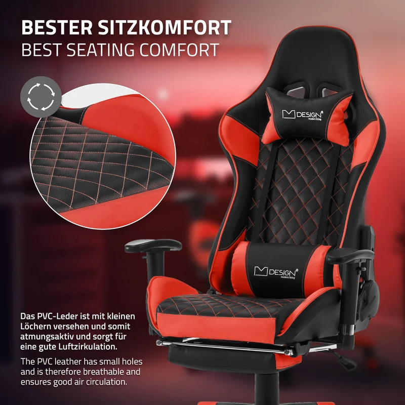 Gamingstuhl mit ausziehbarer Fußstütze 2D Armlehne Schwarz/Rot aus Kunstleder ML-Design