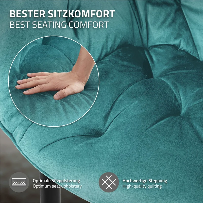 Esszimmerstuhl 2er Set Große Rauten Steppung mit Rücken- und Armlehnen Petrol Küchenstuhl mit Microfaser-Samtbezug ML-Design