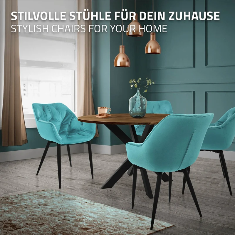 Esszimmerstuhl 2er Set Große Rauten Steppung mit Rücken- und Armlehnen Petrol Küchenstuhl mit Microfaser-Samtbezug ML-Design