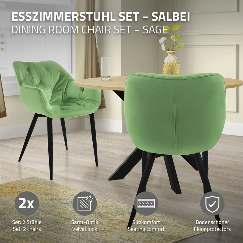 Esszimmerstuhl 2er Set Große Rauten Steppung mit Rücken- und Armlehnen Salbei Küchenstuhl mit Microfaser-Samtbezug ML-Design