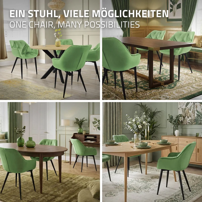Esszimmerstuhl 2er Set Große Rauten Steppung mit Rücken- und Armlehnen Salbei Küchenstuhl mit Microfaser-Samtbezug ML-Design