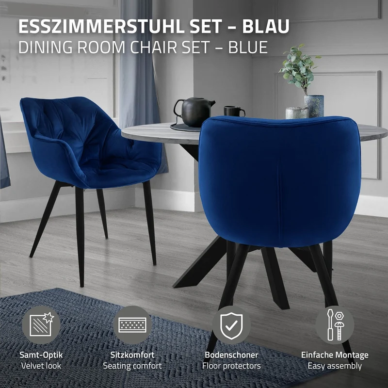 Esszimmerstuhl 2er Set Große Rauten Steppung mit Rücken- und Armlehnen Dunkelblau Küchenstuhl mit Microfaser-Samtbezug ML-Design