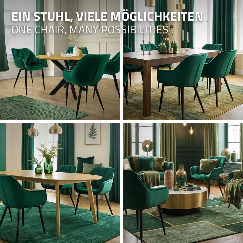 Esszimmerstuhl 2er Set Große Rauten Steppung mit Rücken- und Armlehnen Dunkelgrün Küchenstuhl mit Microfaser-Samtbezug ML-Design