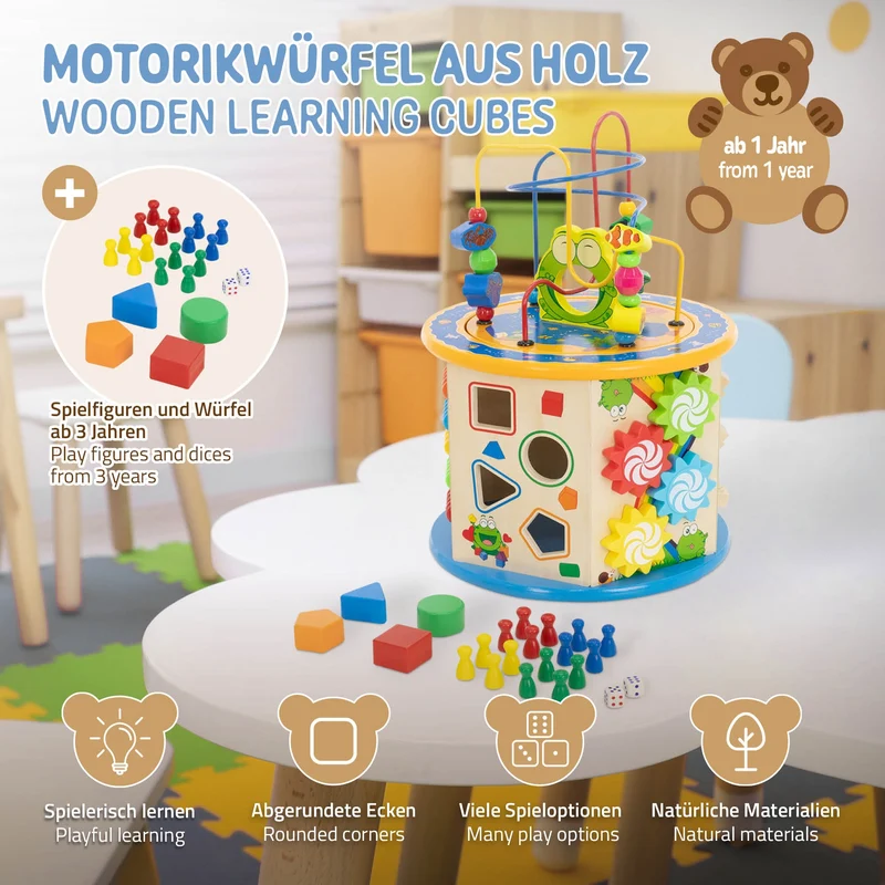 Motorikwürfel Spielwürfel 8 in 1 mit Spielbrett für Kinder ab 1 Jahr aus Holz Joyz