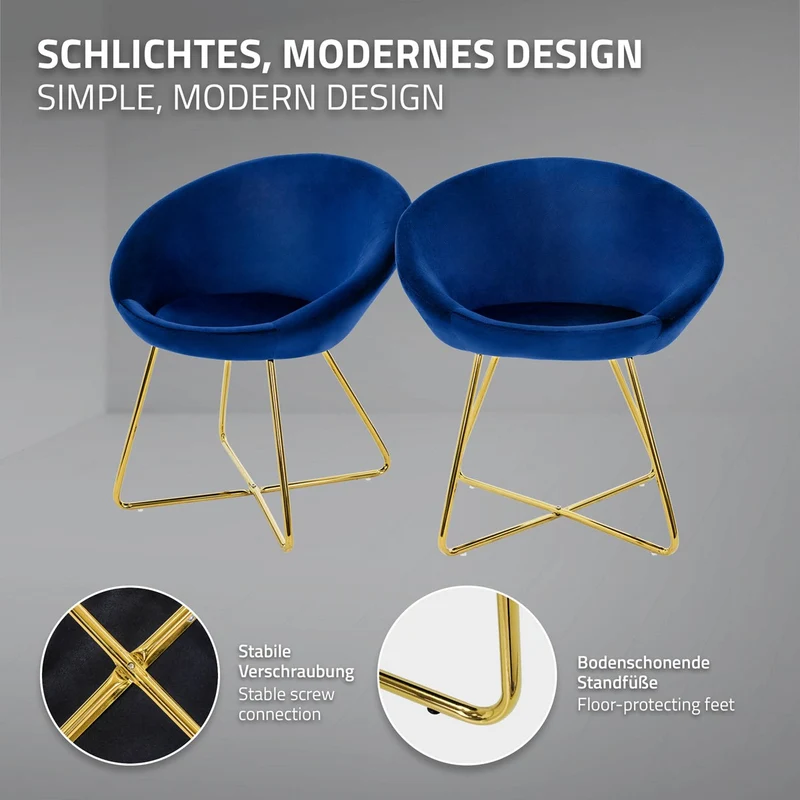 Esszimmerstuhl 2er Set mit runder Rückenlehne Blau aus Samt mit goldenen Metallbeinen ML-Design