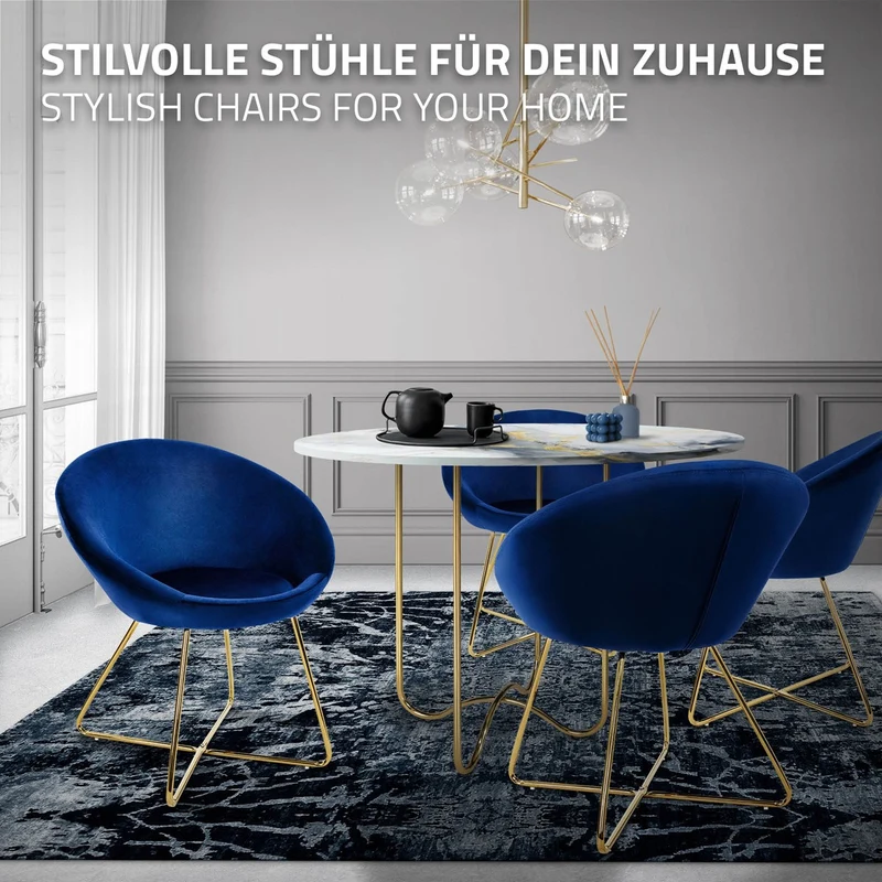 Esszimmerstuhl 2er Set mit runder Rückenlehne Blau aus Samt mit goldenen Metallbeinen ML-Design