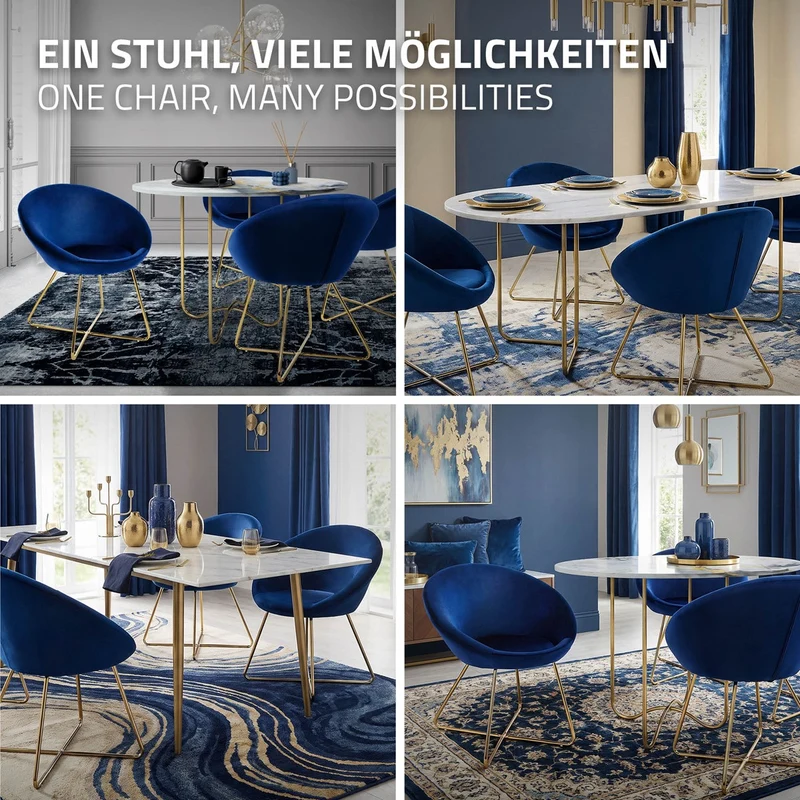 Esszimmerstuhl 2er Set mit runder Rückenlehne Blau aus Samt mit goldenen Metallbeinen ML-Design