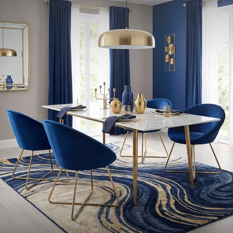 Esszimmerstuhl 2er Set mit runder Rückenlehne Blau aus Samt mit goldenen Metallbeinen ML-Design