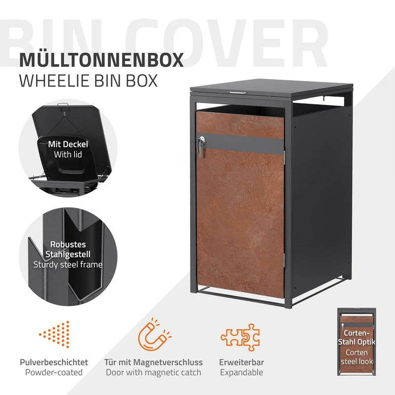 Mülltonnenbox 1er bis 240L 68x80x120 cm aus Stahl in Rostoptik ML-Design