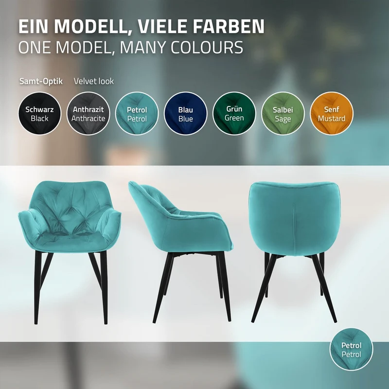Esszimmerstuhl 4er Set Große Rauten Steppung mit Rücken- und Armlehnen Petrol Küchenstuhl mit Microfaser-Samtbezug ML-Design