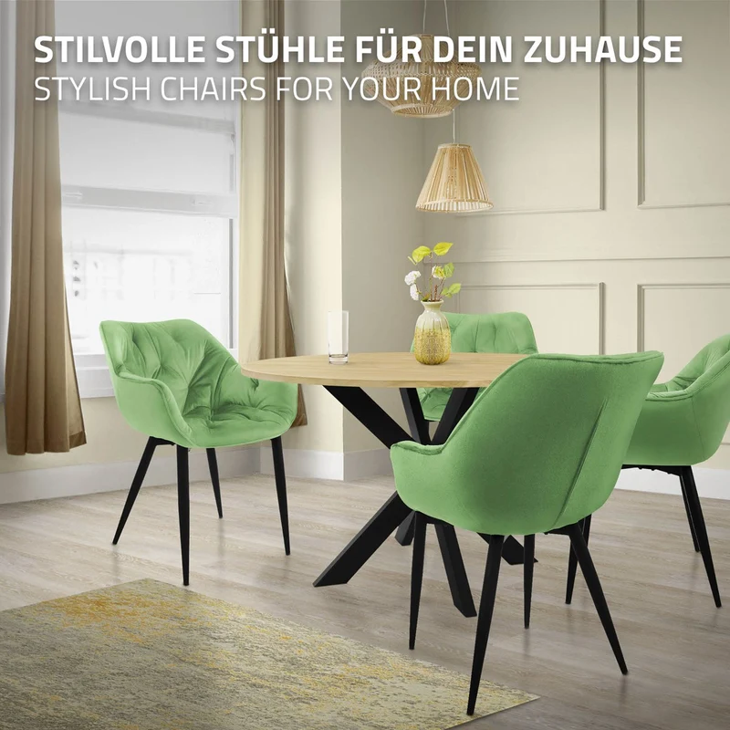 Esszimmerstuhl 6er Set Große Rauten Steppung mit Rücken- und Armlehnen Salbei Küchenstuhl mit Microfaser-Samtbezug ML-Design