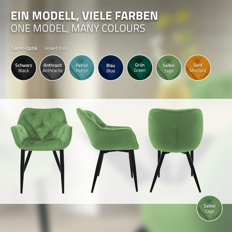 Esszimmerstuhl 4er Set Große Rauten Steppung mit Rücken- und Armlehnen Salbei Küchenstuhl mit Microfaser-Samtbezug ML-Design