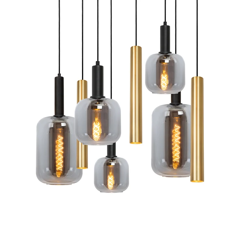 B-Ware Lucide Hängeleuchte Pendelleuchte Joanet Glas Rauchgrau Messing 130 cm 9-flammig
