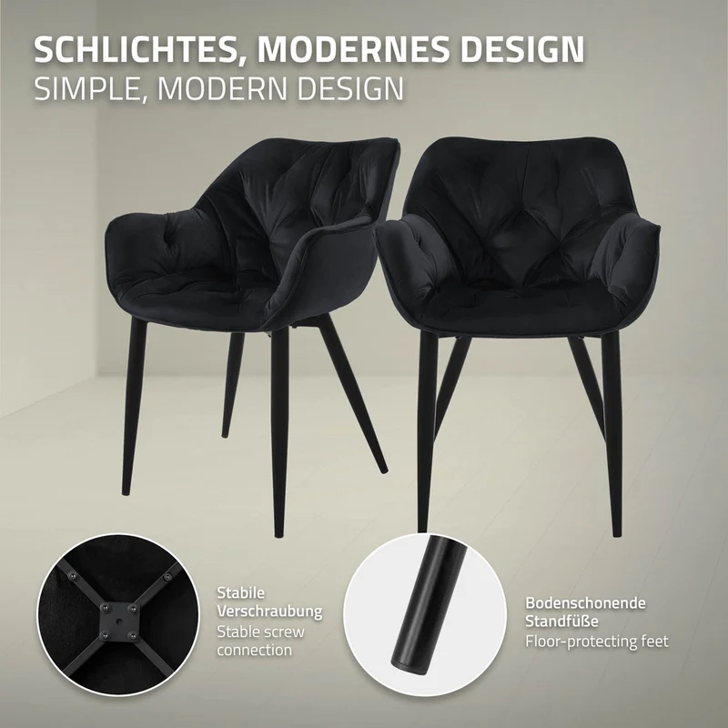 Esszimmerstuhl 2er Set mit Rücken- und Armlehnen Schwarz Küchenstuhl mit Microfaser-Samtbezug ML-Design