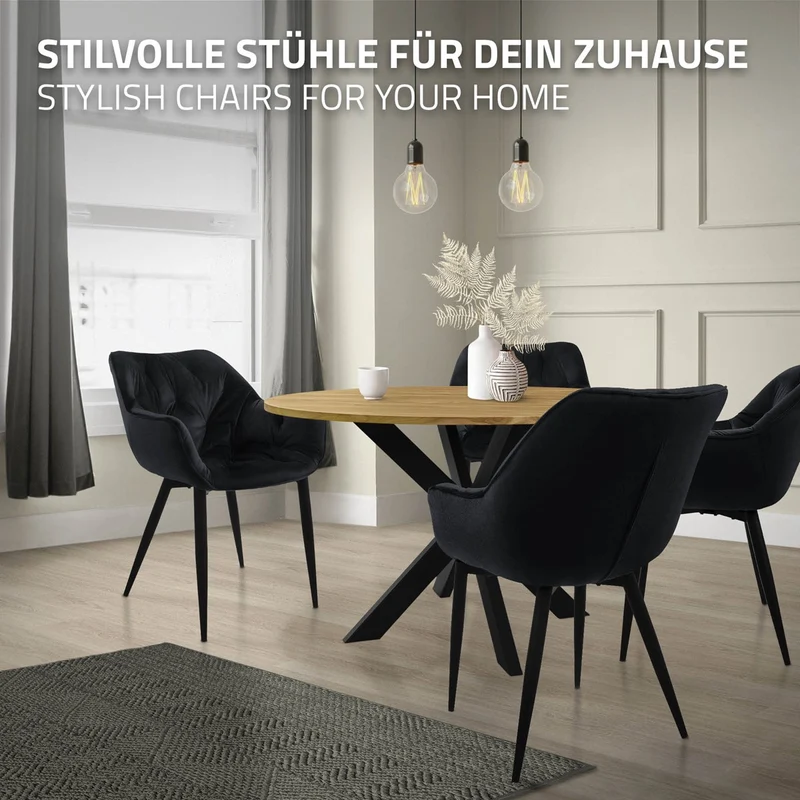 Esszimmerstuhl 2er Set mit Rücken- und Armlehnen Schwarz Küchenstuhl mit Microfaser-Samtbezug ML-Design