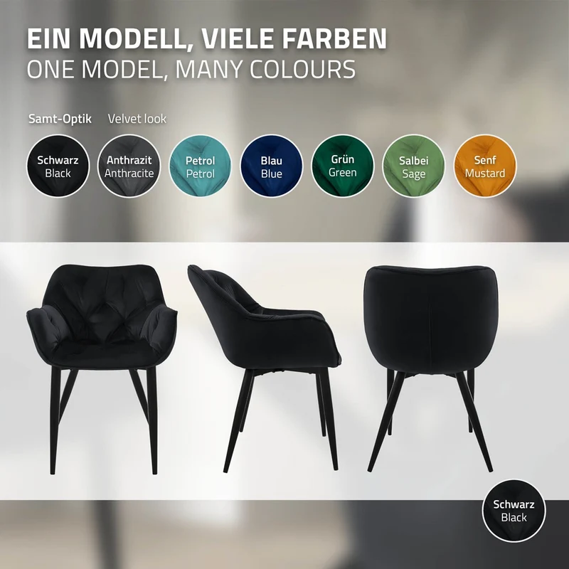 Esszimmerstuhl 2er Set mit Rücken- und Armlehnen Schwarz Küchenstuhl mit Microfaser-Samtbezug ML-Design