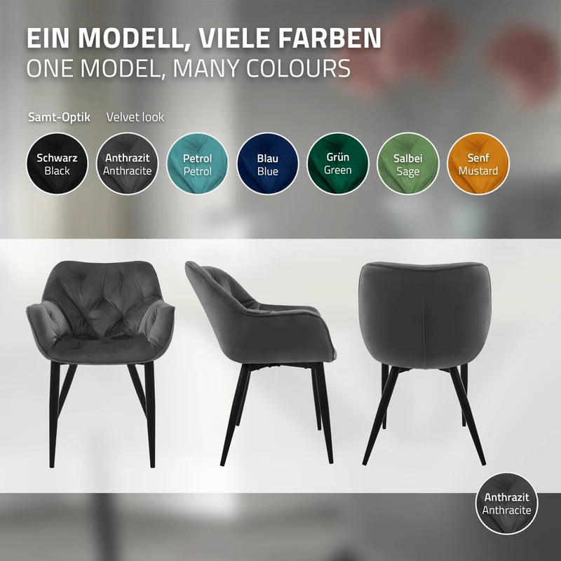 Esszimmerstuhl 2er Set mit Rücken- und Armlehnen Anthrazit Küchenstuhl mit Microfaser-Samtbezug ML-Design
