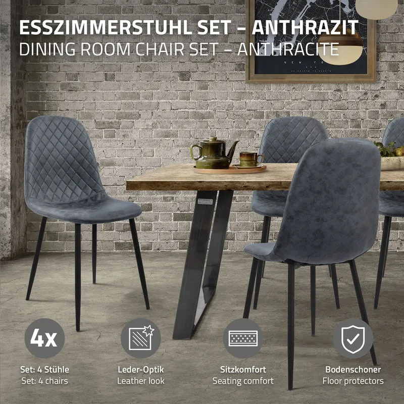 Esszimmerstuhl 4er Set Rauten Steppung mit Rückenlehne Anthrazit Küchenstuhl mit Kunstleder Bezug ML-Design
