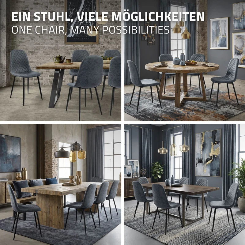 Esszimmerstuhl 4er Set Rauten Steppung mit Rückenlehne Anthrazit Küchenstuhl mit Kunstleder Bezug ML-Design