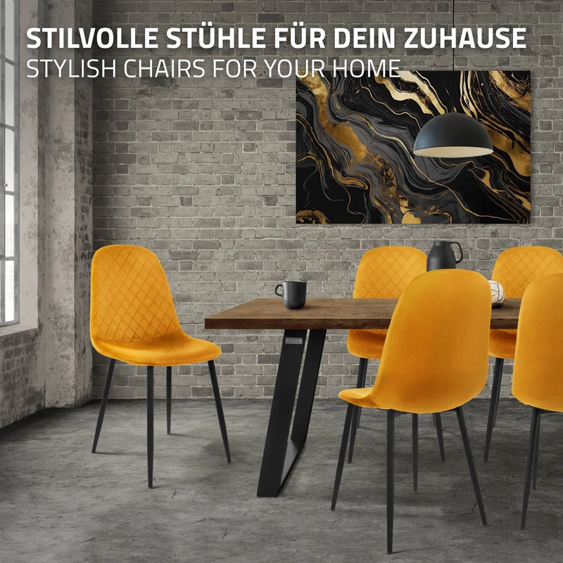 Esszimmerstuhl 4er Set mit Rückenlehne Senfgelb Küchenstuhl mit Microfaser-Samtbezug ML-Design