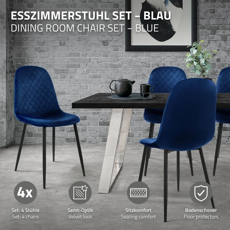 Esszimmerstuhl 4er Set mit Rückenlehne Dunkelblau Küchenstuhl mit Microfaser-Samtbezug ML-Design