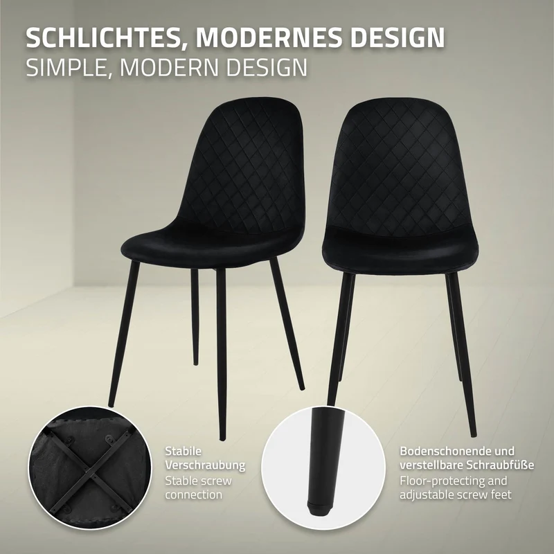 Esszimmerstuhl 4er Set mit Rückenlehne Schwarz Küchenstuhl mit Microfaser-Samtbezug ML-Design