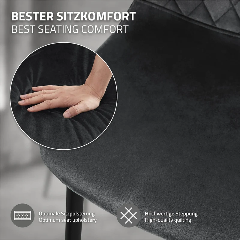 Esszimmerstuhl 4er Set Rauten Steppung mit Rückenlehne Anthrazit Küchenstuhl mit Microfaser-Samtbezug ML-Design