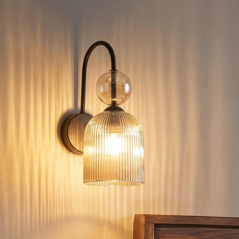 B-Ware Sophia Wandleuchte Wandlampe Glas Metall cognac schwarz Lampe Leuchte LED E14252