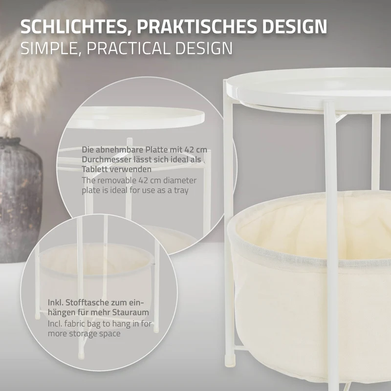 Beistelltisch rund 45,5x52,5 cm Weiß aus Metall inkl. Stoffkorb und Tablett ML-Design