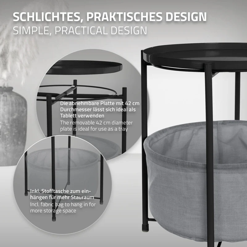 Beistelltisch rund 45,5x52,5 cm Schwarz aus Metall inkl. Stoffkorb und Tablett ML-Design
