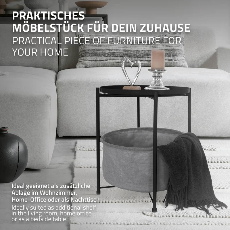 Beistelltisch rund 45,5x52,5 cm Schwarz aus Metall inkl. Stoffkorb und Tablett ML-Design