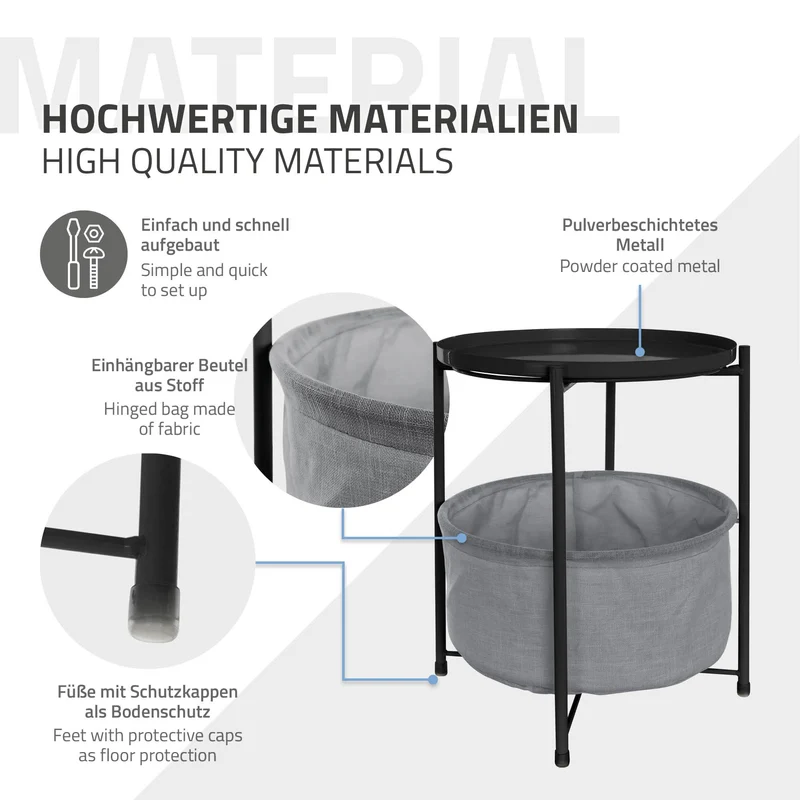 Beistelltisch rund 45,5x52,5 cm Schwarz aus Metall inkl. Stoffkorb und Tablett ML-Design