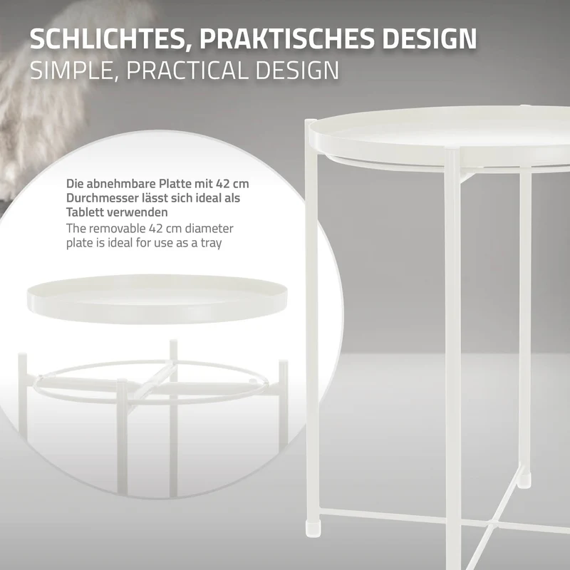 Beistelltisch rund Ø42x52 cm Weiß aus Metall mit Tablett ML-Design