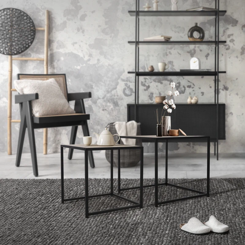 Beistelltisch 2er Set Schwarz/Eichenoptik aus Metall ML-Design