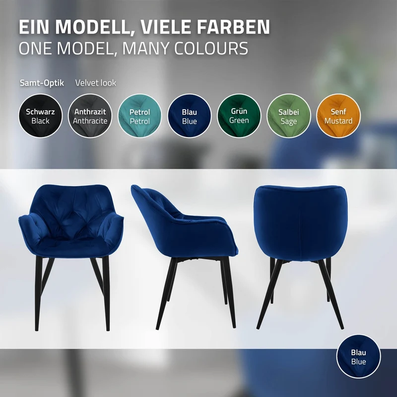 Esszimmerstuhl 4er Set Große Rauten Steppung mit Rücken- und Armlehnen Dunkelblau Küchenstuhl mit Microfaser-Samtbezug ML-Design
