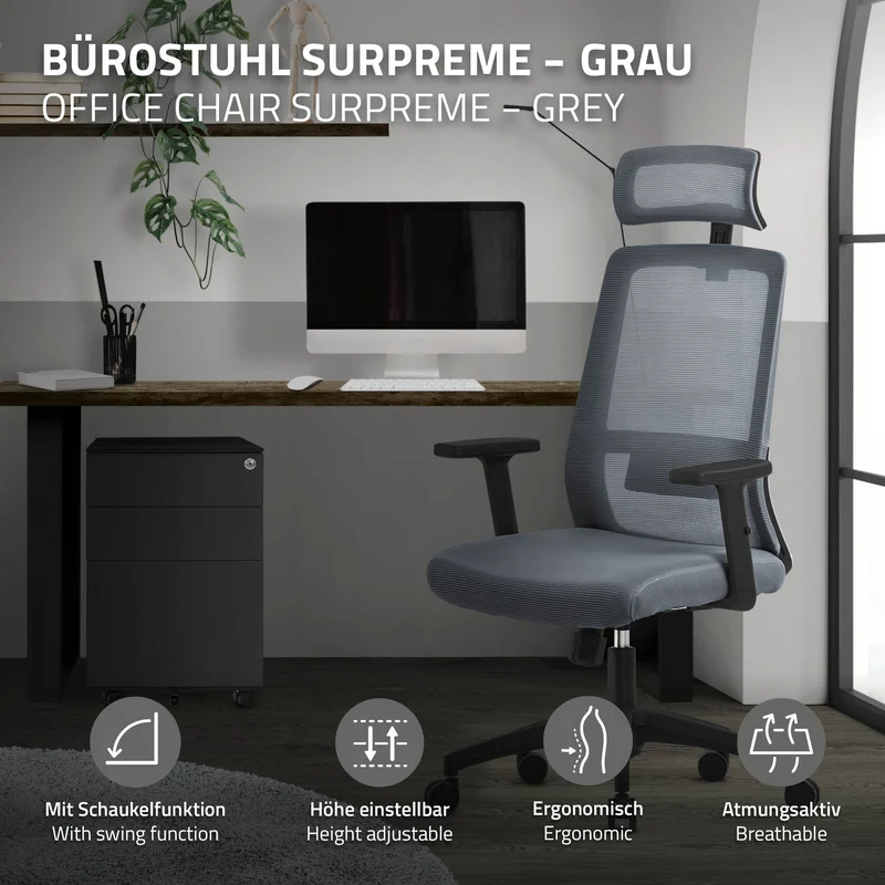 Ergonomischer Bürostuhl Grau Netzgewebe mit verstellbaren Armlehnen und Kopfstütze ML-Design