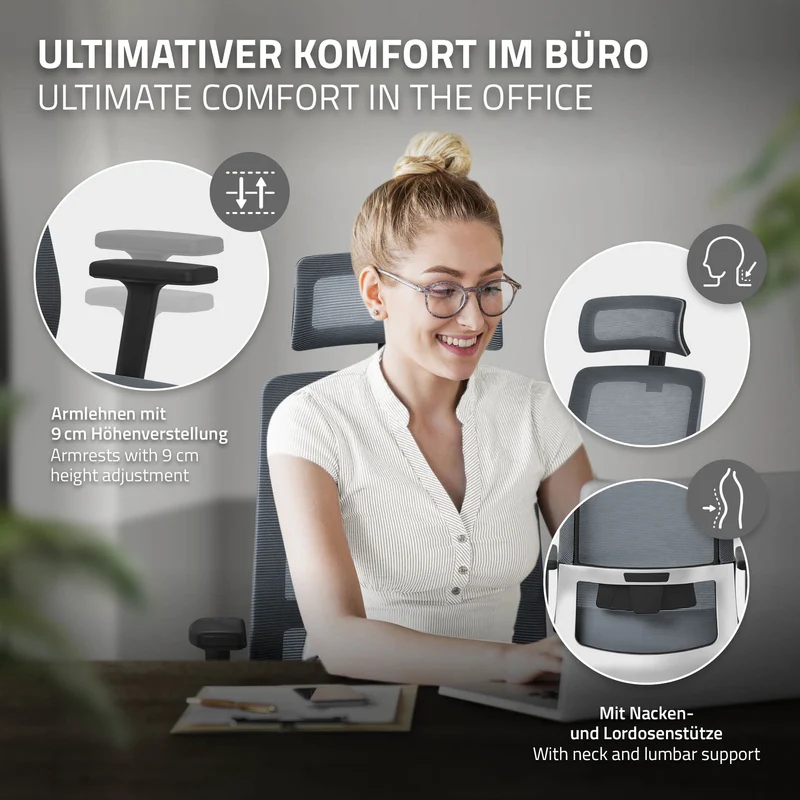 Ergonomischer Bürostuhl Grau Netzgewebe mit verstellbaren Armlehnen und Kopfstütze ML-Design