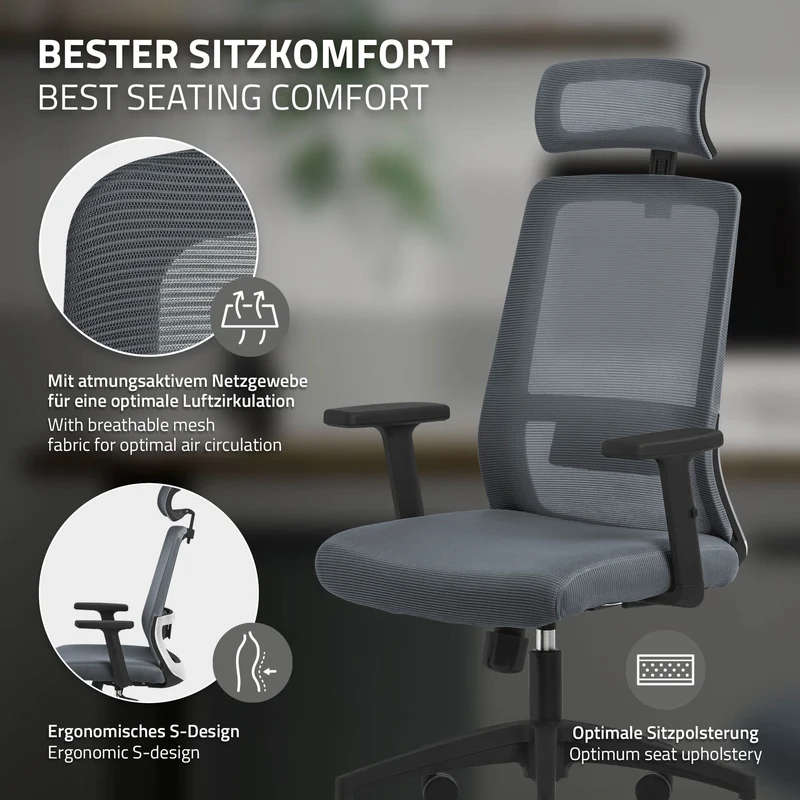 Ergonomischer Bürostuhl Grau Netzgewebe mit verstellbaren Armlehnen und Kopfstütze ML-Design