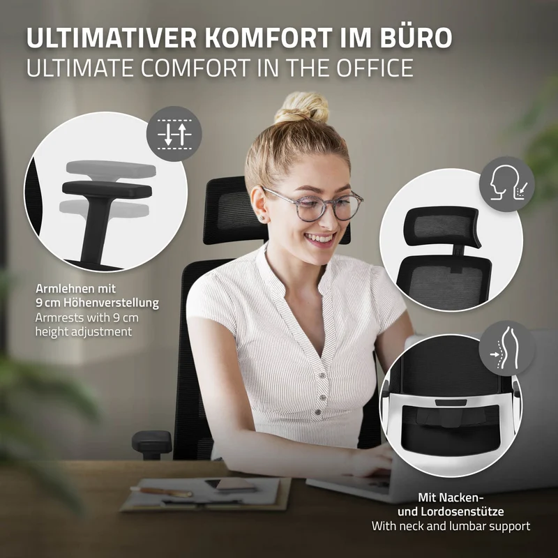 Ergonomischer Bürostuhl Schwarz Netzgewebe mit verstellbaren Armlehnen und Kopfstütze ML-Design